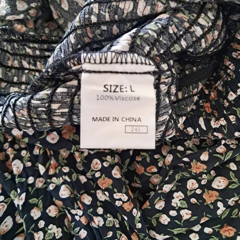 DOKOTOO Black Floral Elasticized Smocked Pant Suit Size L Stretch Top Wide Leg - Picture 6 of 6